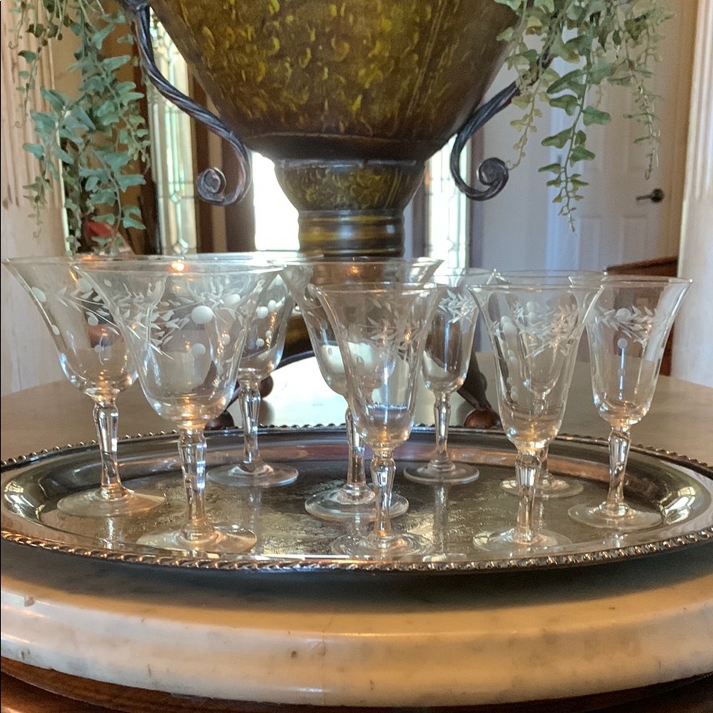 Antique Etched Cordial Glasses. After Dinner Glass Set.